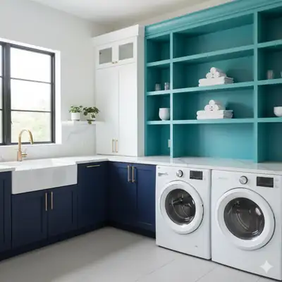 Floating bathroom vanity with water-resistant cabinetry and linen storage